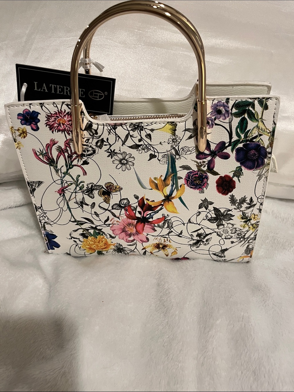 White Floral Tote Bag with Gold Handles